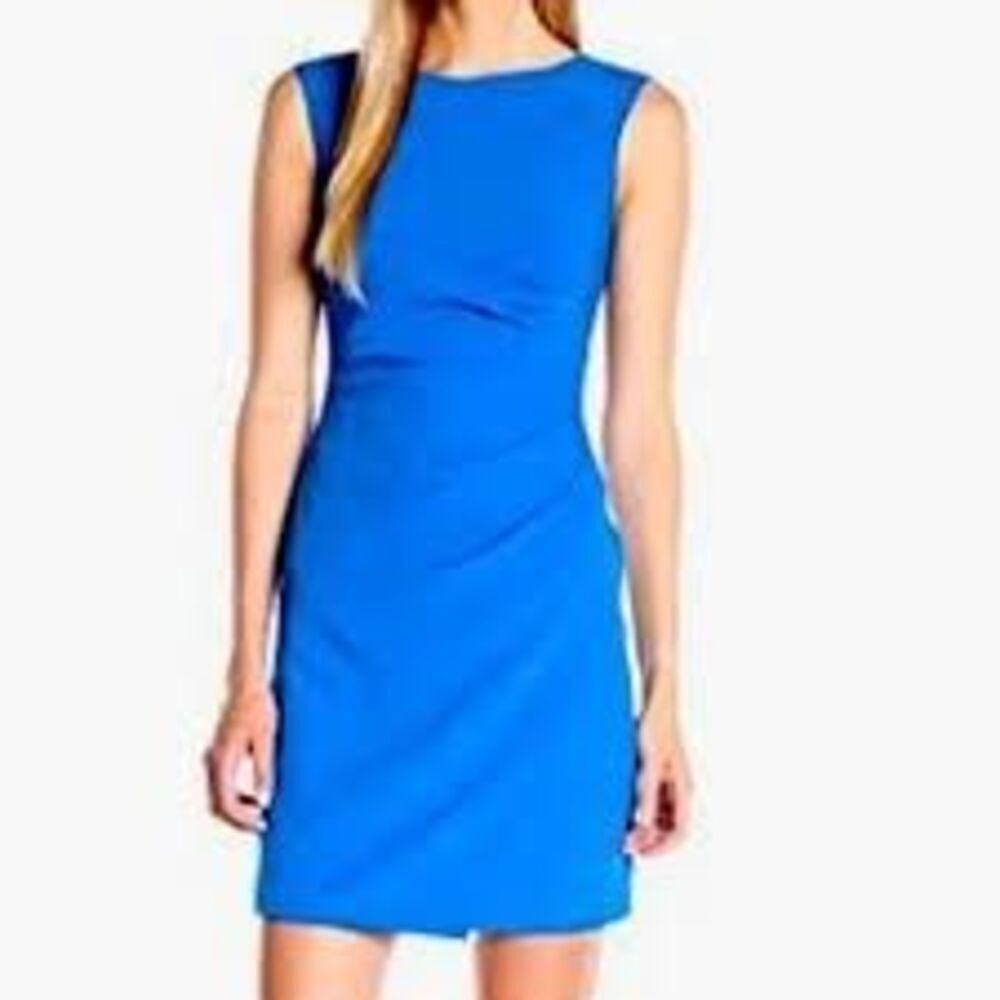 Adrianna Papell Size 6 Sunburst Pleated Sheath Dress Blue Sleeveless Cocktail